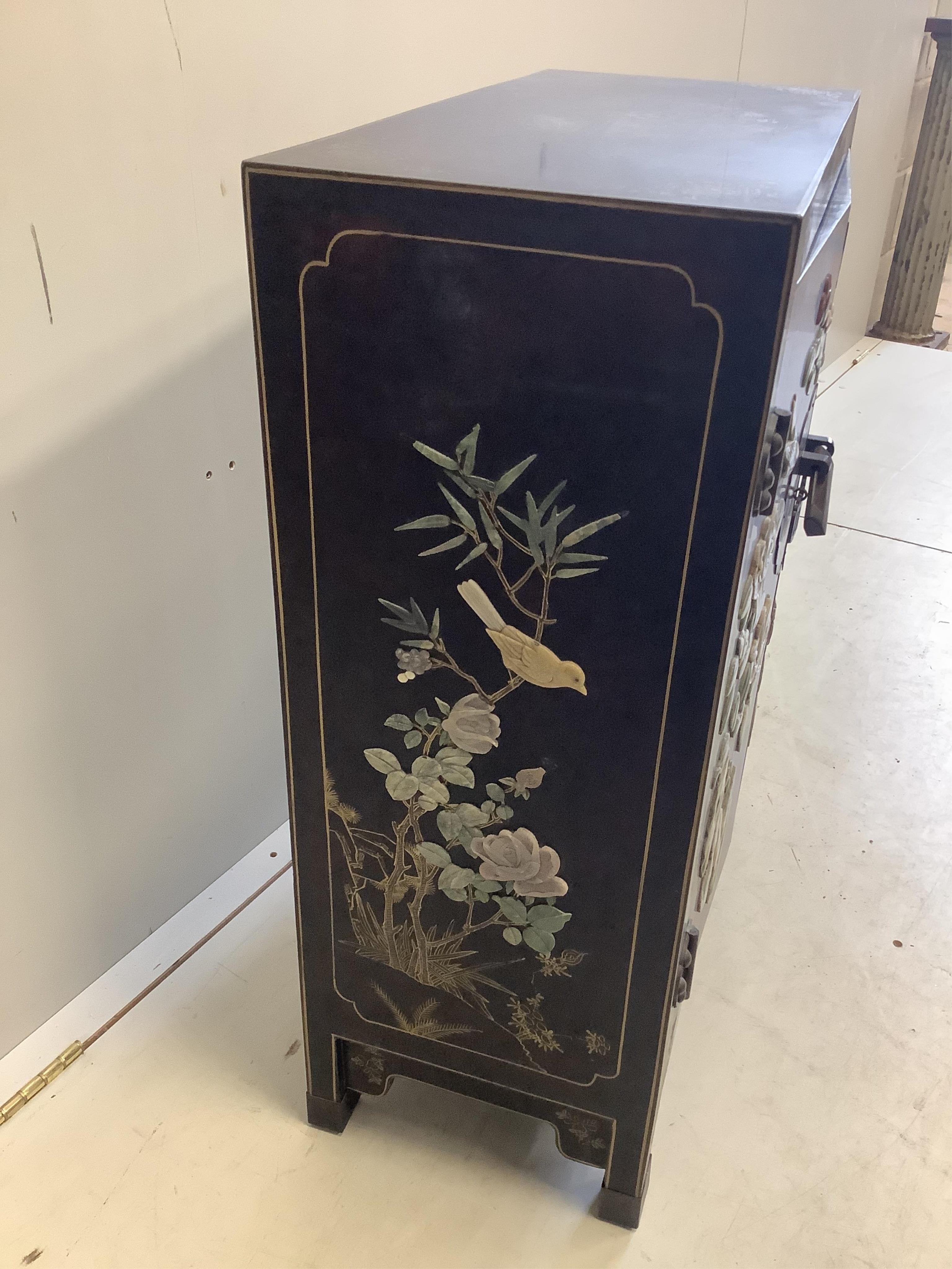 A Chinese hardstone mounted side cabinet, width 59cm, depth 29cm, height 77cm. Condition - fair to good